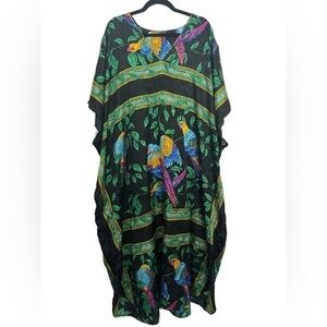 Vintage 1970s RESORT WEAR Colorful Tropical Birds Flowy Silky Summer Kaftan 2